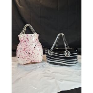 2 Handblown Art Glass Handbag Purse Vase Pink, Purple,White And Black BEAUTIFUL